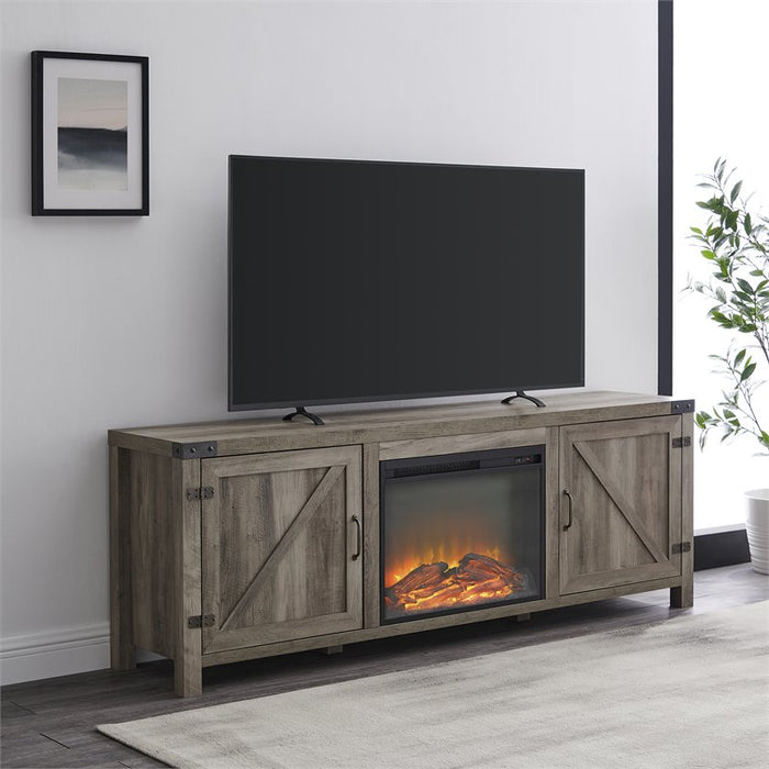 Farmhouse Barn Door Fireplace TV Stand for TVs up to 80" in Gray Wash