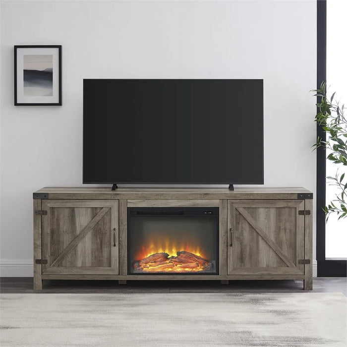 Farmhouse Barn Door Fireplace TV Stand for TVs up to 80" in Gray Wash