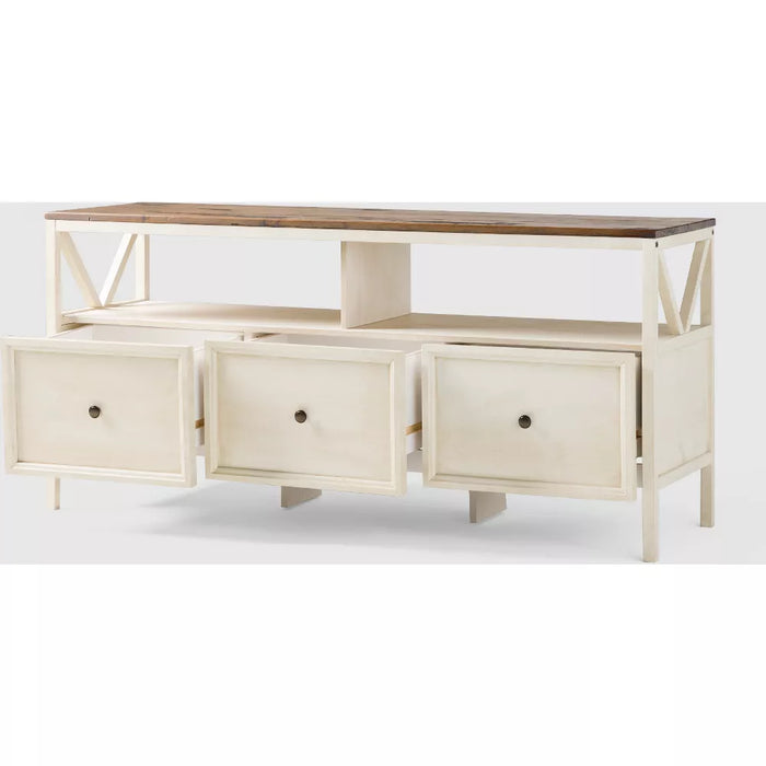 TV Stand Farmhouse 3 Drawer Wood TV Stand for TVs up to 65" Rustic Oak/White Wash - Saracina Home: Media Storage Console