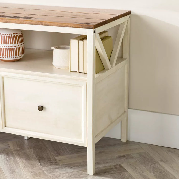 TV Stand Farmhouse 3 Drawer Wood TV Stand for TVs up to 65" Rustic Oak/White Wash - Saracina Home: Media Storage Console