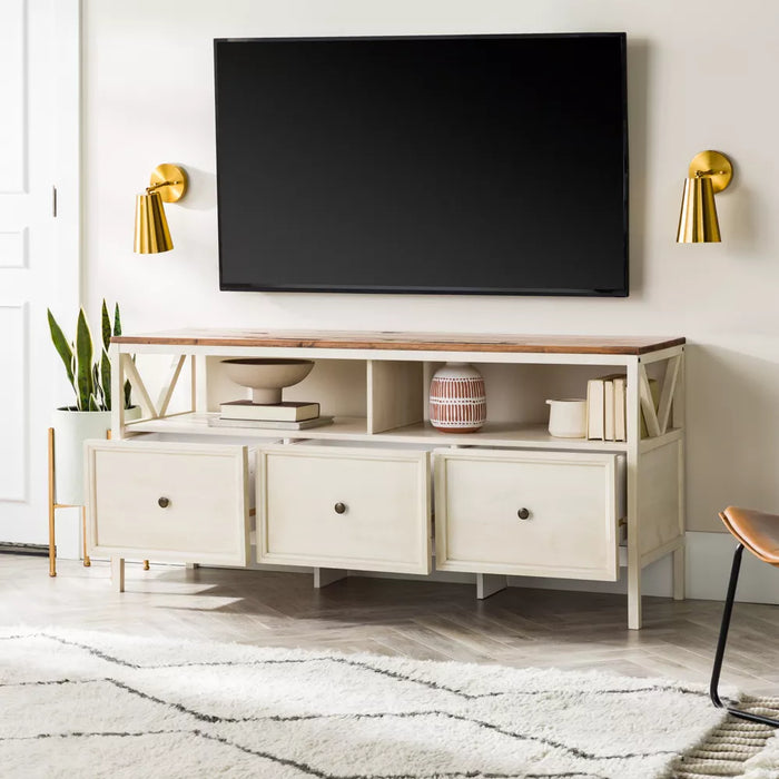 TV Stand Farmhouse 3 Drawer Wood TV Stand for TVs up to 65" Rustic Oak/White Wash - Saracina Home: Media Storage Console