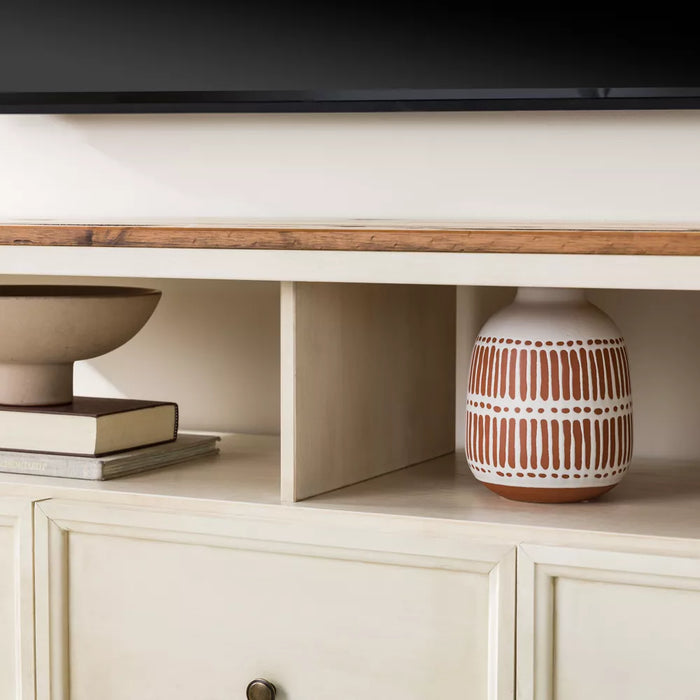 TV Stand Farmhouse 3 Drawer Wood TV Stand for TVs up to 65" Rustic Oak/White Wash - Saracina Home: Media Storage Console