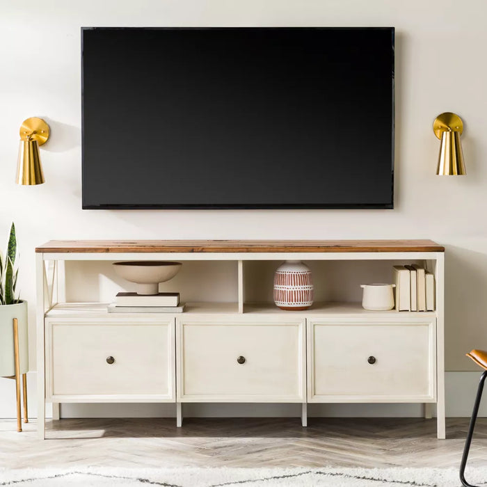TV Stand Farmhouse 3 Drawer Wood TV Stand for TVs up to 65" Rustic Oak/White Wash - Saracina Home: Media Storage Console