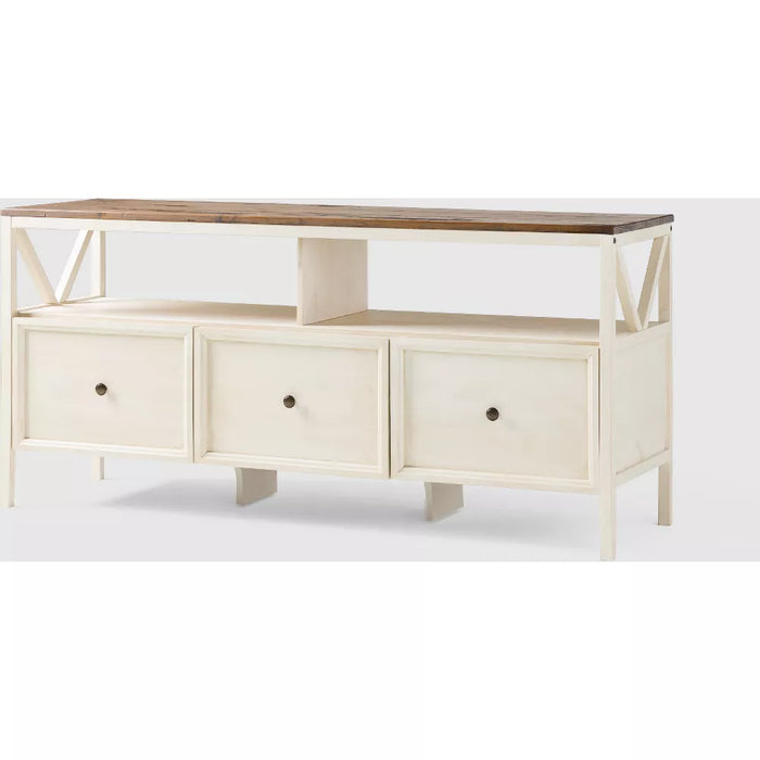 TV Stand Farmhouse 3 Drawer Wood TV Stand for TVs up to 65" Rustic Oak/White Wash - Saracina Home: Media Storage Console