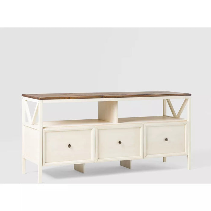 TV Stand Farmhouse 3 Drawer Wood TV Stand for TVs up to 65" Rustic Oak/White Wash - Saracina Home: Media Storage Console