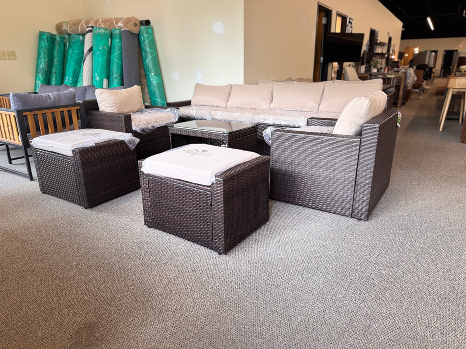 9 Pc Patio outdoor set brown wicker with tan/ beige cushions