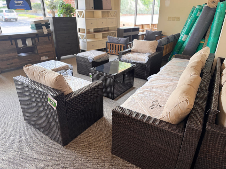 9 Pc Patio outdoor set brown wicker with tan/ beige cushions