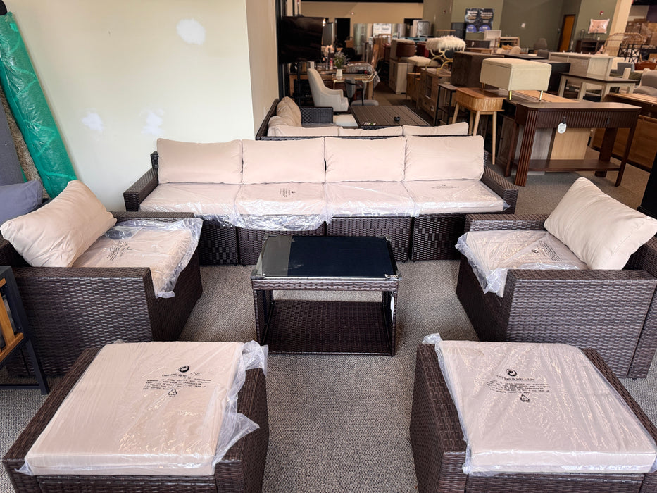9 Pc Patio outdoor set brown wicker with tan/ beige cushions