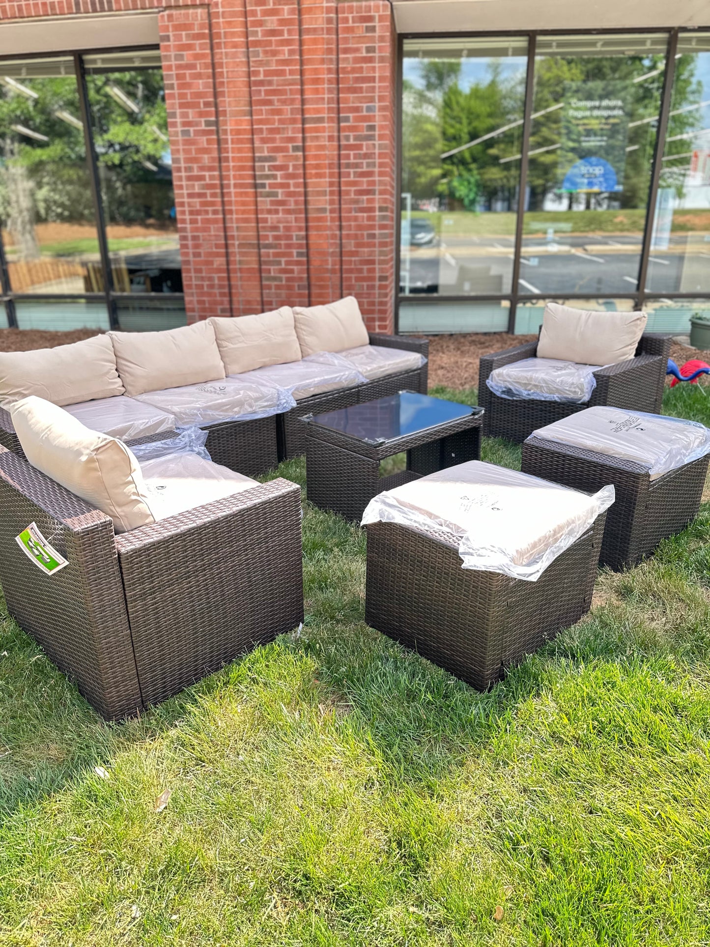 9 Pcs Patio Outdoor dark brown PE Wicker with beige cushions