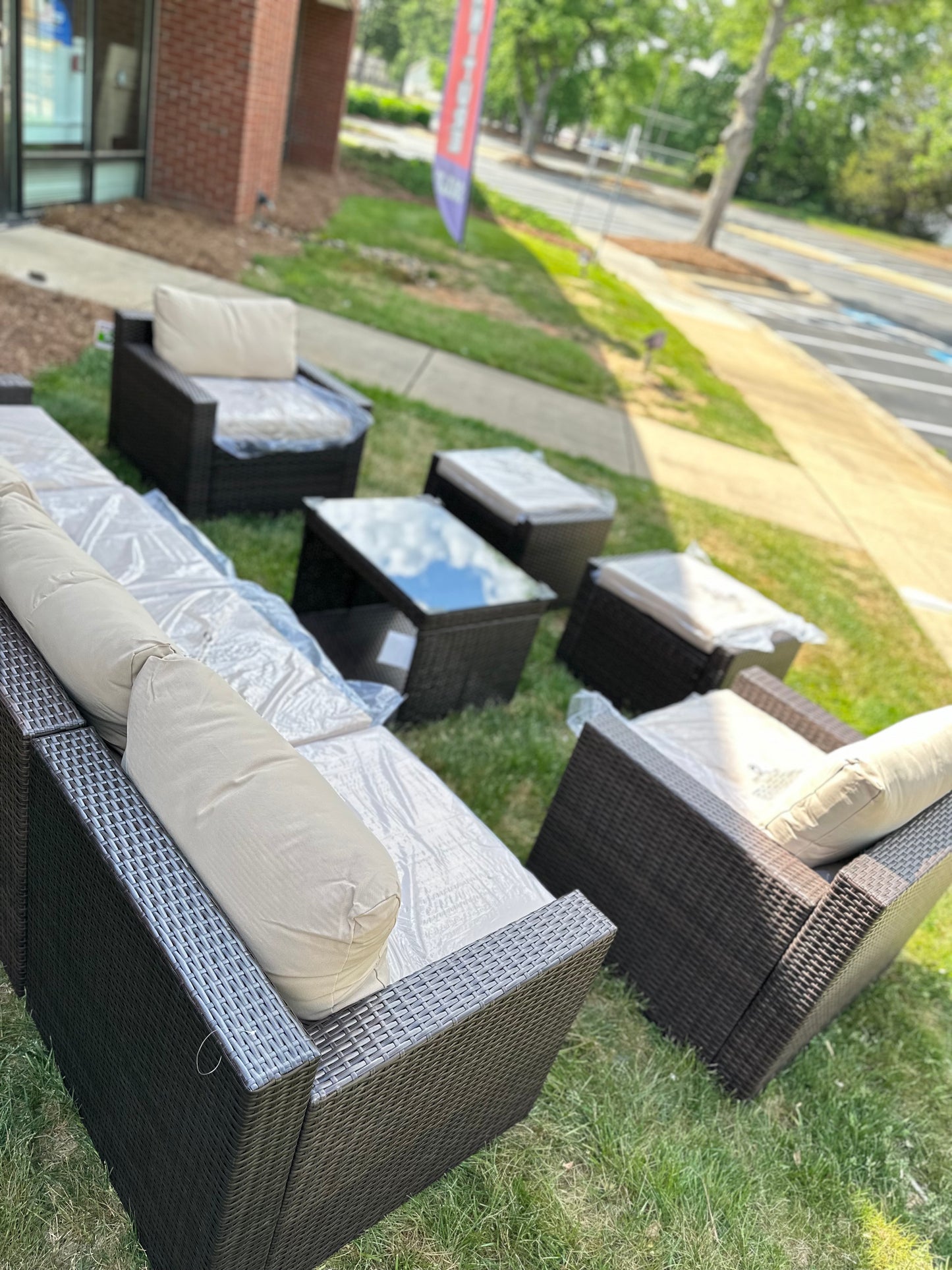 9 Pcs Patio Outdoor dark brown PE Wicker with beige cushions