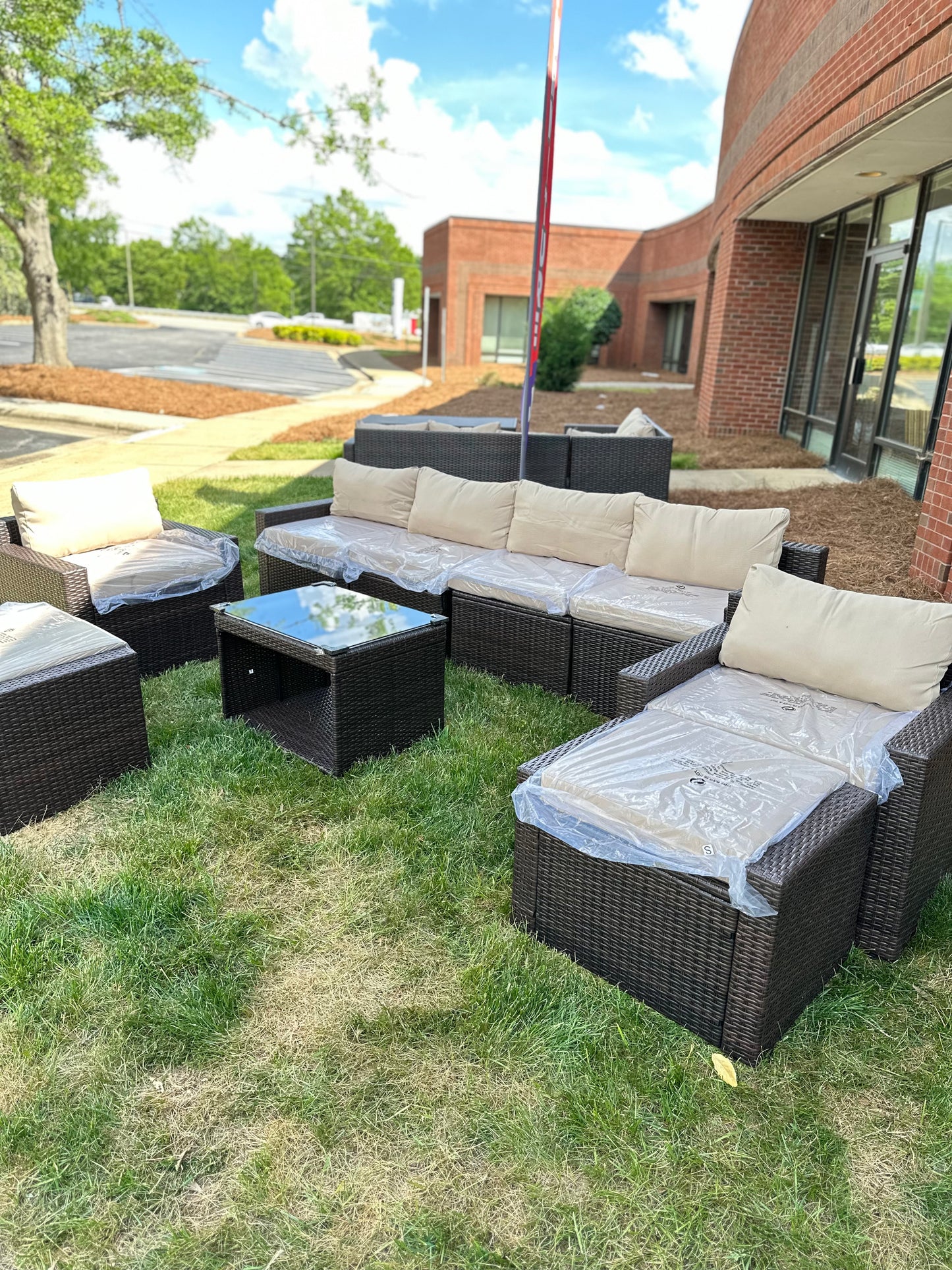 9 Pcs Patio Outdoor dark brown PE Wicker with beige cushions
