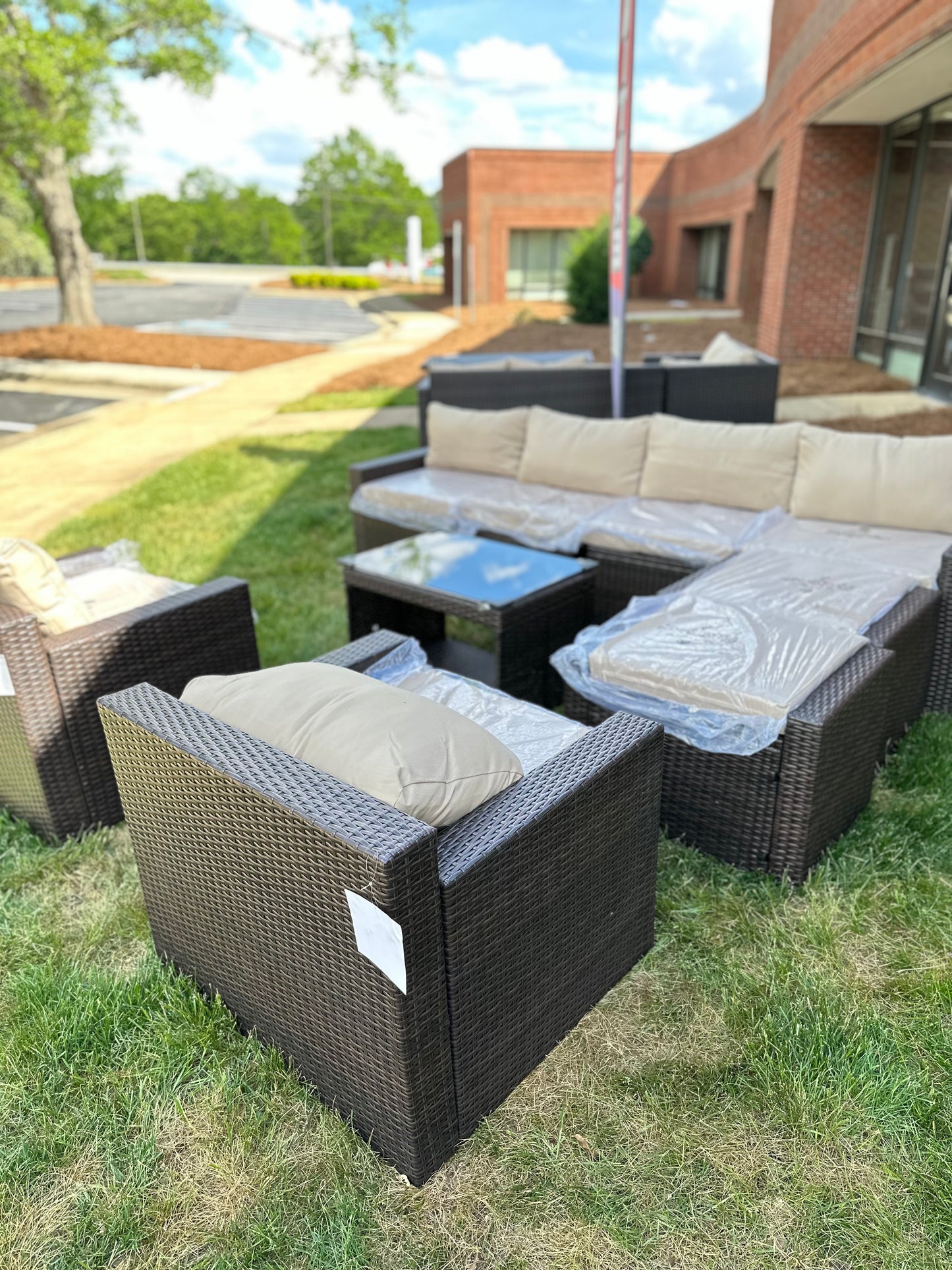 9 Pcs Patio Outdoor dark brown PE Wicker with beige cushions