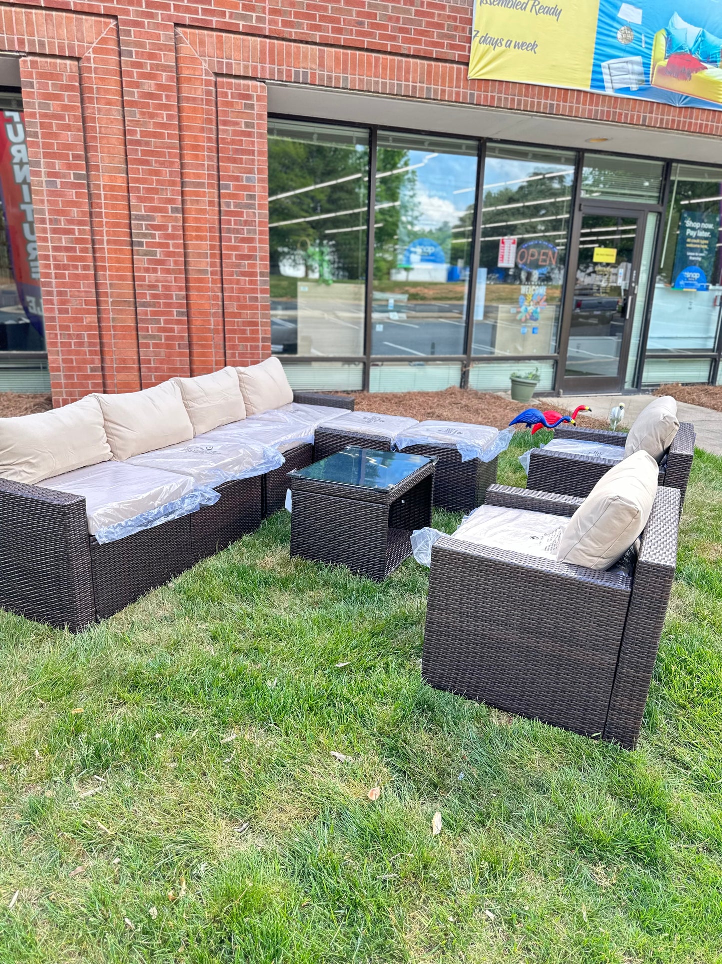 9 Pcs Patio Outdoor dark brown PE Wicker with beige cushions