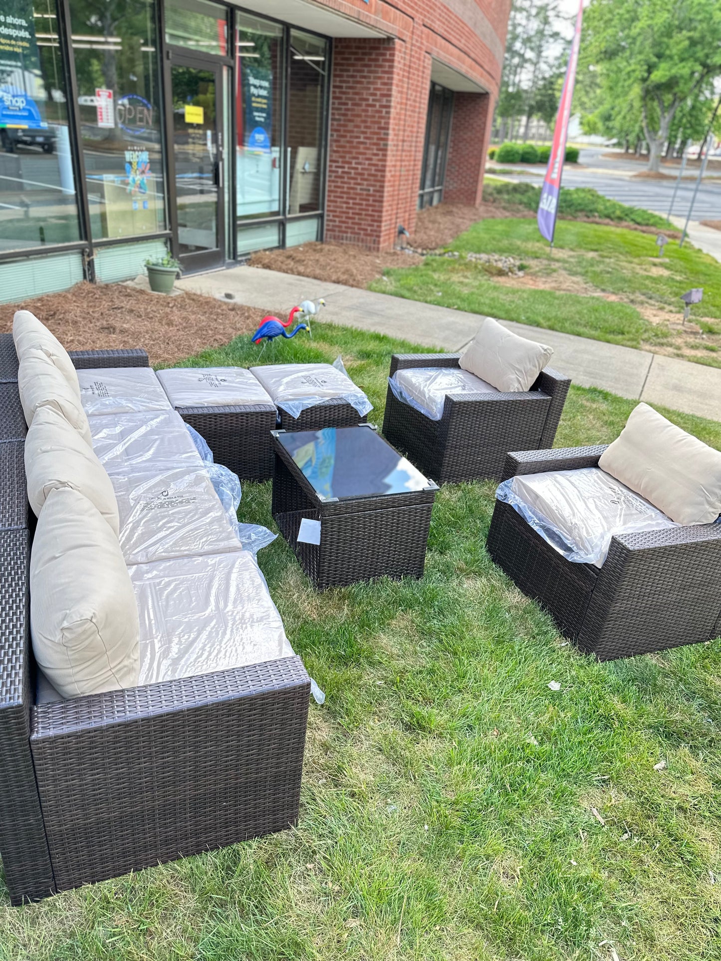 9 Pcs Patio Outdoor dark brown PE Wicker with beige cushions