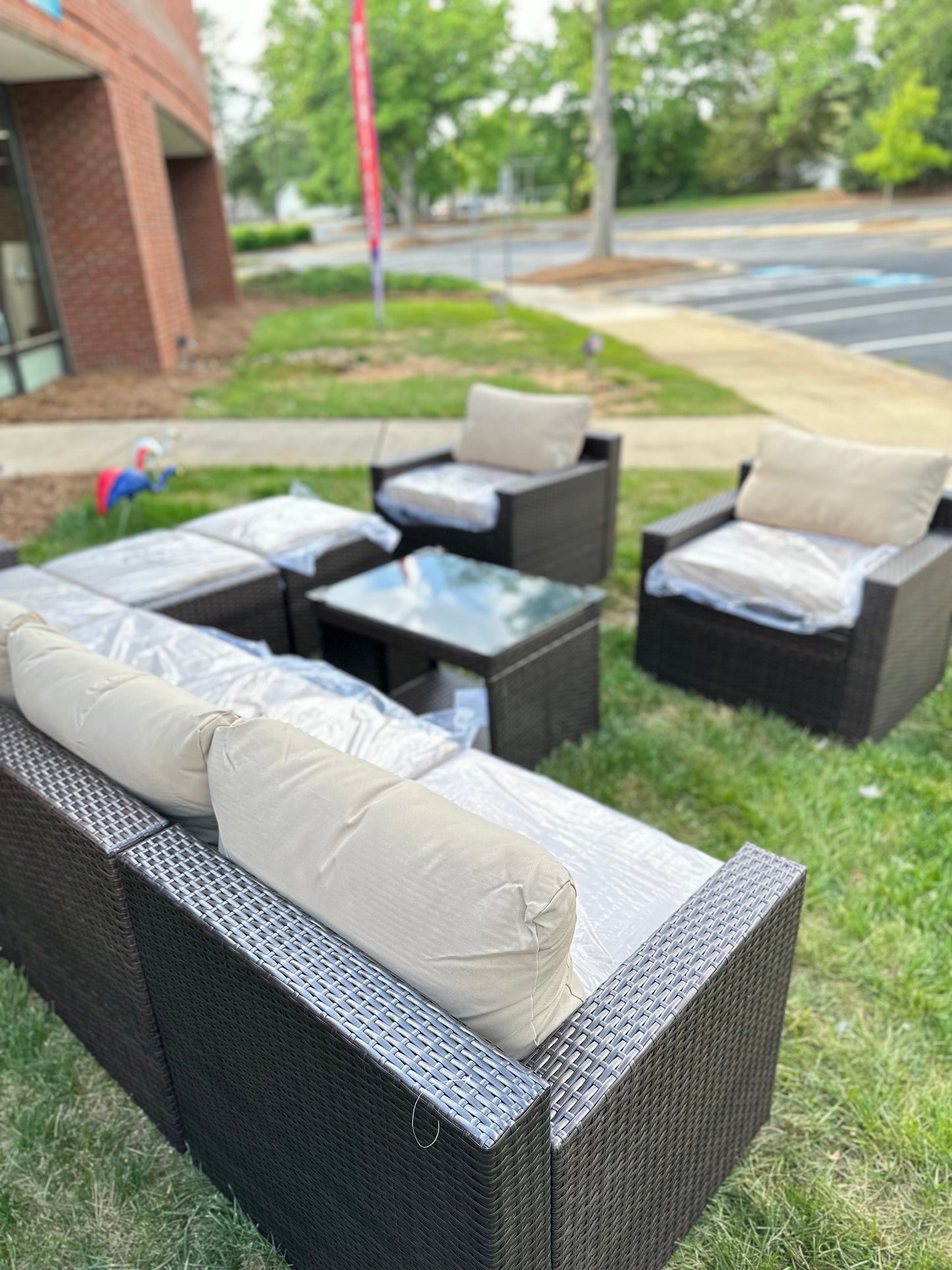 9 Pcs Patio Outdoor dark brown PE Wicker with beige cushions
