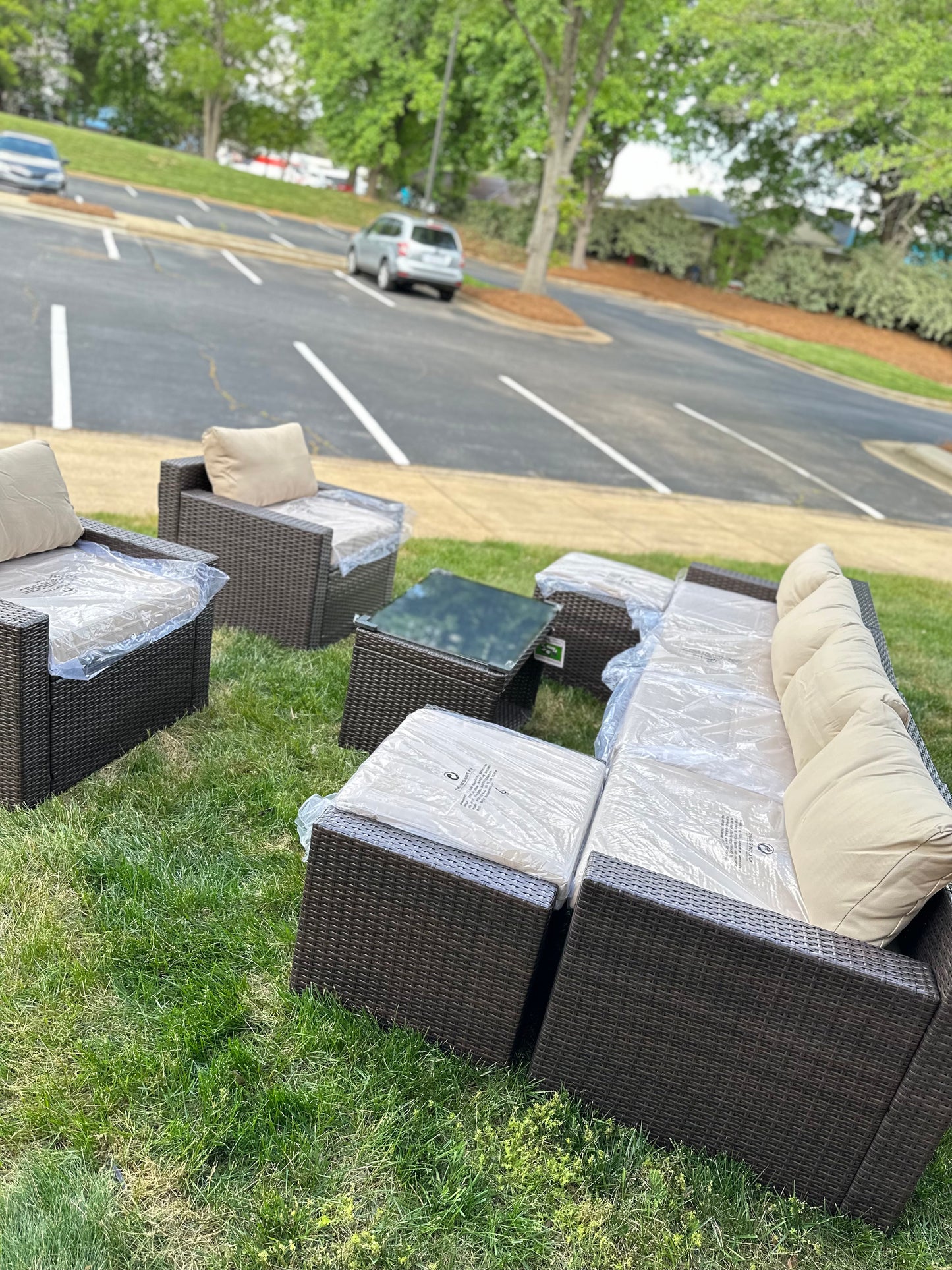 9 Pcs Patio Outdoor dark brown PE Wicker with beige cushions