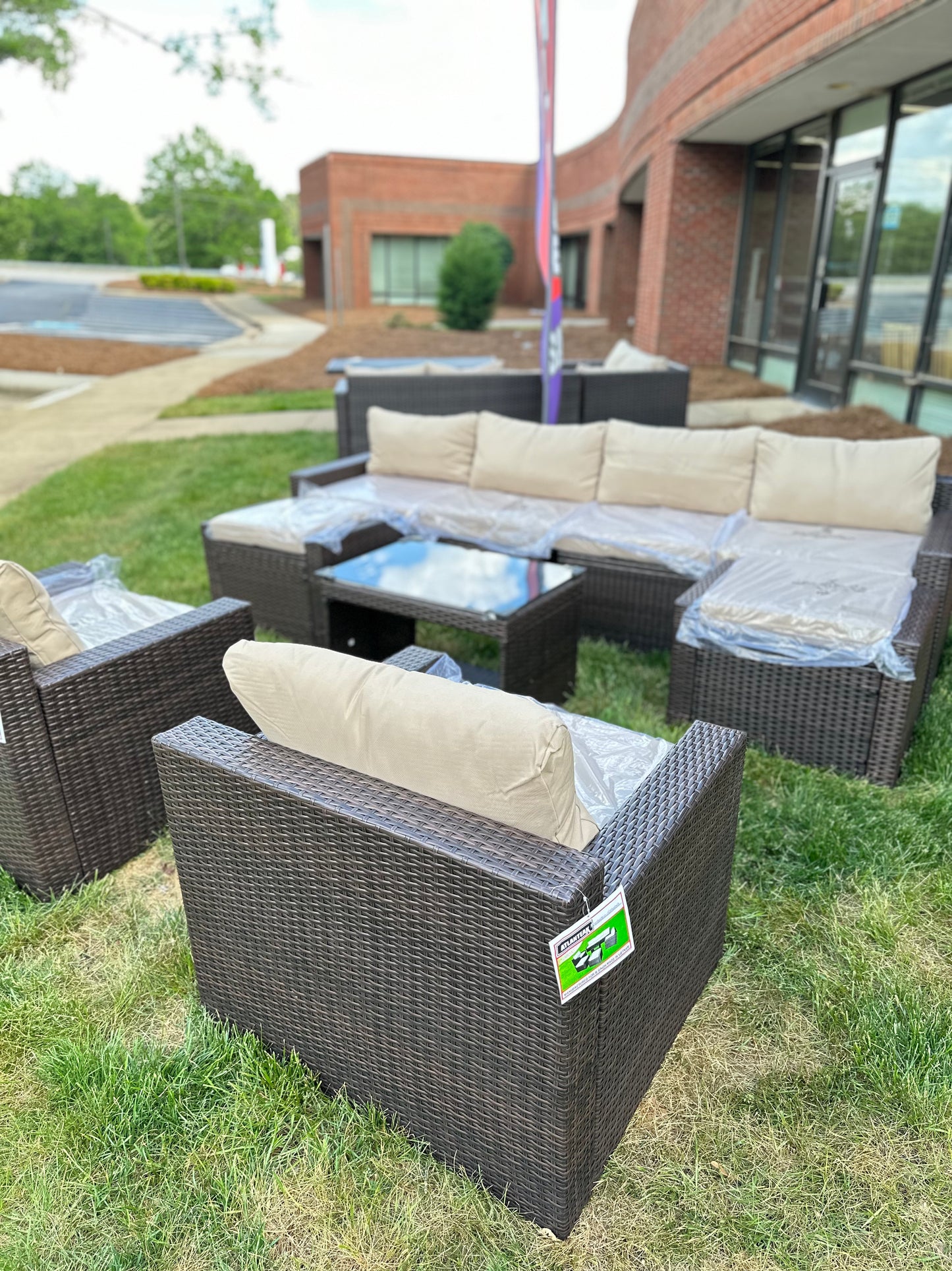 9 Pcs Patio Outdoor dark brown PE Wicker with beige cushions