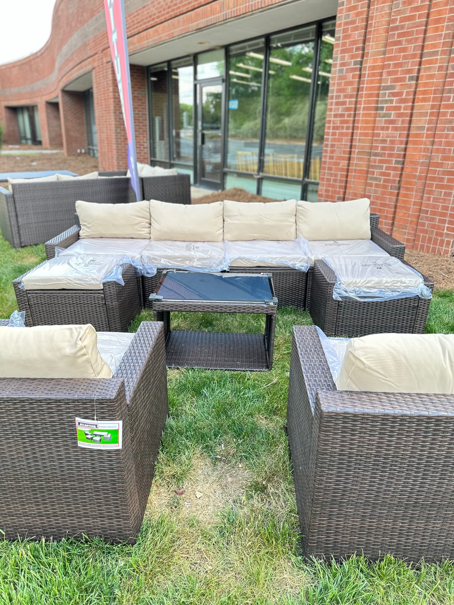 9 Pcs Patio Outdoor dark brown PE Wicker with beige cushions