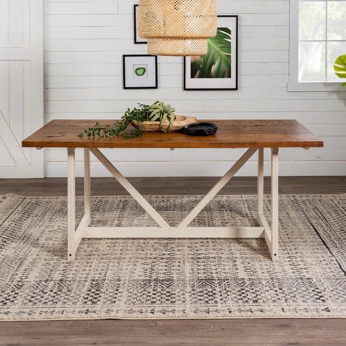 Solid Pine Wood 72" Trestle Dining Table Barnwood White Wash