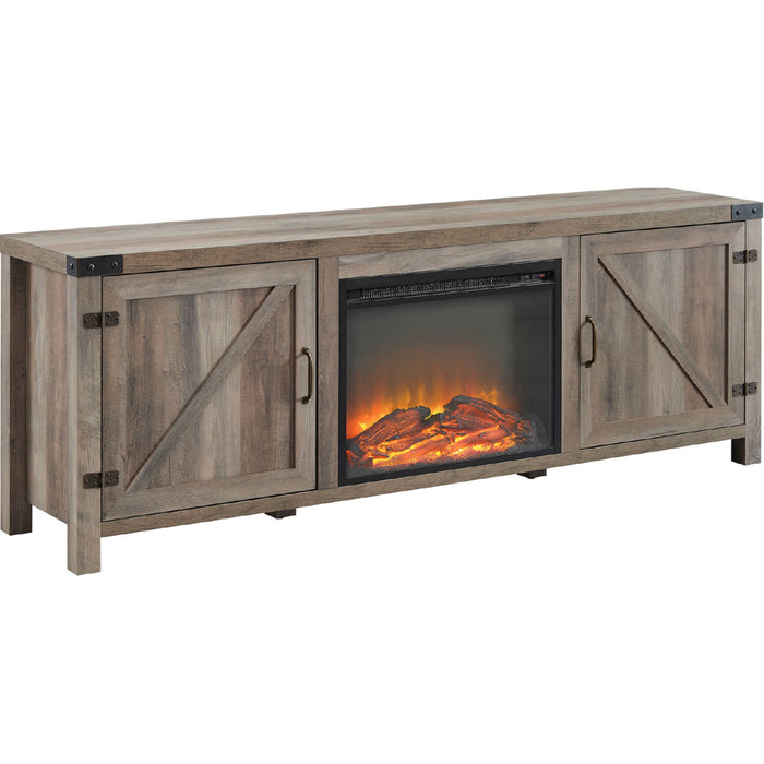 Farmhouse Barn Door Fireplace TV Stand for TVs up to 80" in Gray Wash