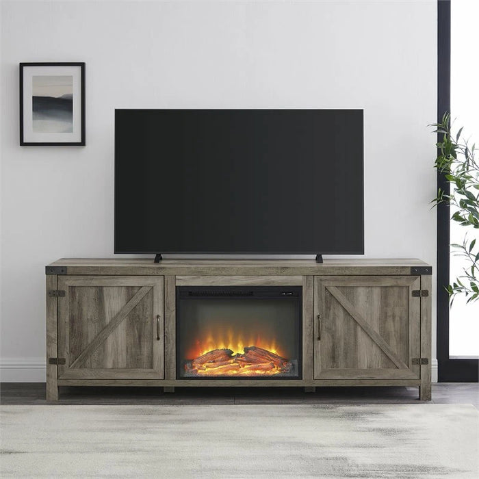 Farmhouse Barn Door Fireplace TV Stand for TVs up to 80" in Gray Wash