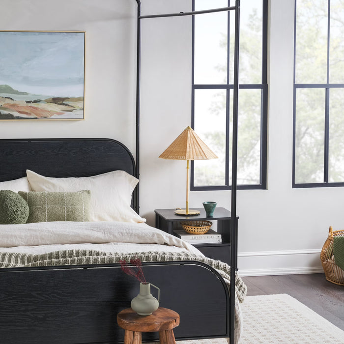 Modern Metal and Wood Canopy Queen Bed Frame, Black