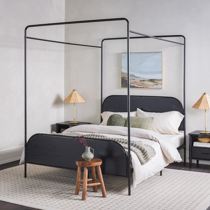 Modern Metal and Wood Canopy Queen Bed Frame, Black
