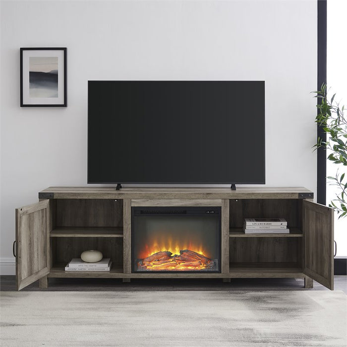 Farmhouse Barn Door Fireplace TV Stand for TVs up to 80" in Gray Wash