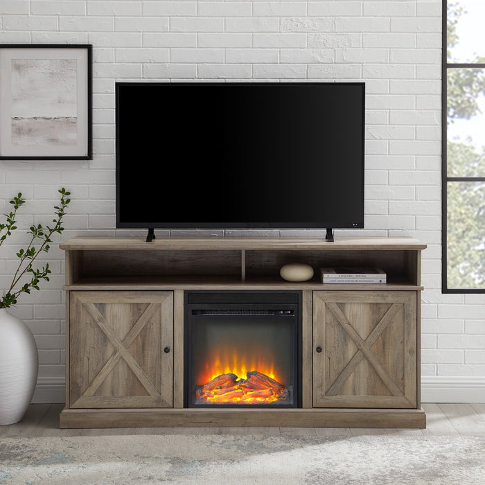 Farmhouse Barn Door Tall Fireplace TV Stand for TVs up to 70", Grey Wash