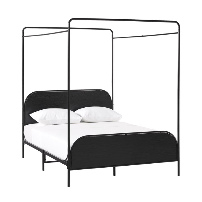 Modern Metal and Wood Canopy Queen Bed Frame, Black