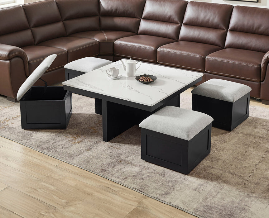 Marta Light Gray Coffee Table with 4 Storage Ottomans