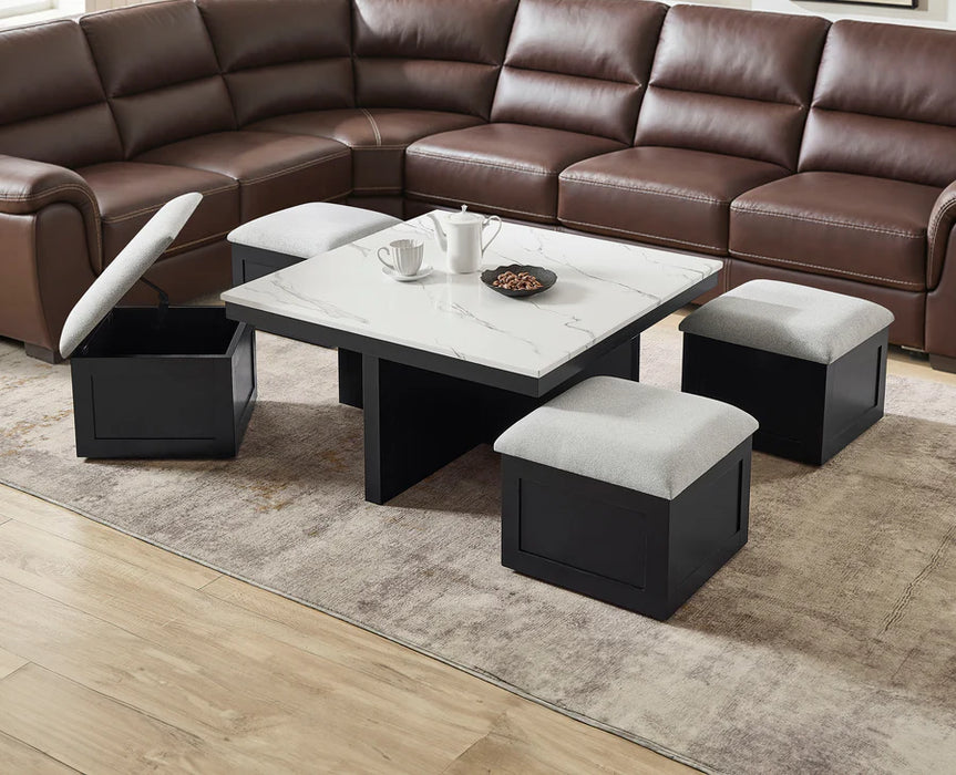 Marta Light Gray Coffee Table with 4 Storage Ottomans