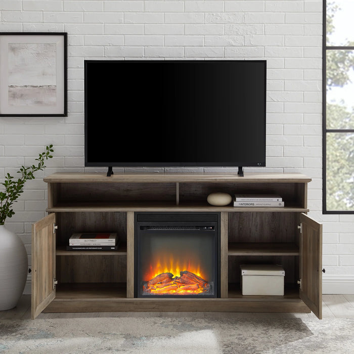Farmhouse Barn Door Tall Fireplace TV Stand for TVs up to 70", Grey Wash