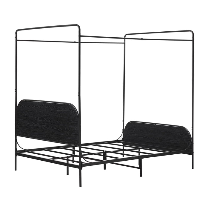 Modern Metal and Wood Canopy Queen Bed Frame, Black