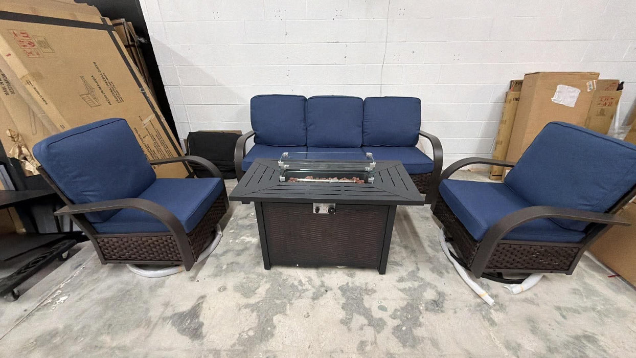 Brand new Patio outdoor set with sofa 2 gliding swivel chairs and gas firepit table