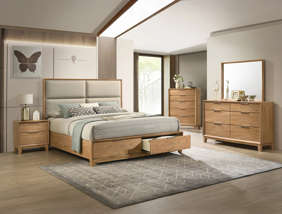 Brand New 5Pc Florian Natural Upholstered Storage Platform Bedroom Set