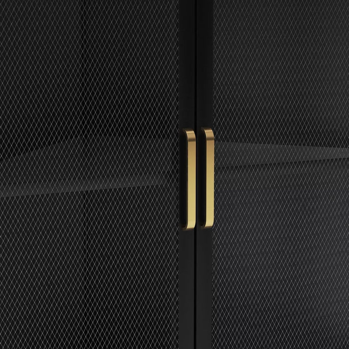 Mesh Corner Cabinet Black Sleek Metal Storage with Golden Handles, V-Shaped Design