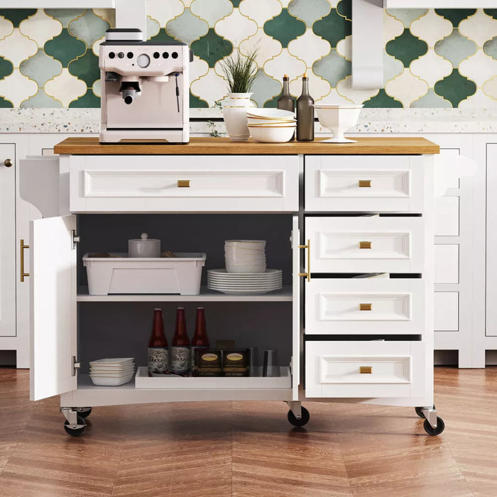 Embossed Texture Kitchen Island with Spice Rack, Drop Leaf and Adjustable Shelf