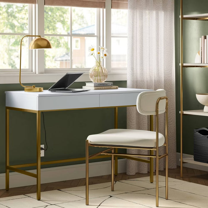 Loring Wood Writing Desk with Drawers and Charging Station
