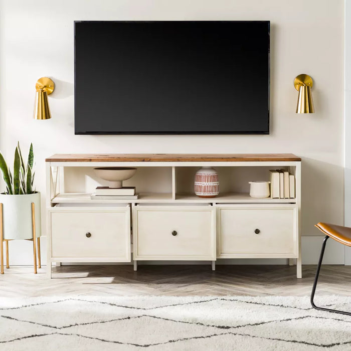 TV Stand Farmhouse 3 Drawer Wood TV Stand for TVs up to 65" Rustic Oak/White Wash - Saracina Home: Media Storage Console