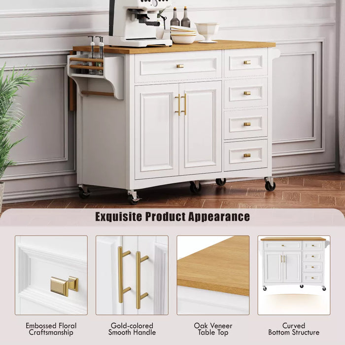Embossed Texture Kitchen Island with Spice Rack, Drop Leaf and Adjustable Shelf