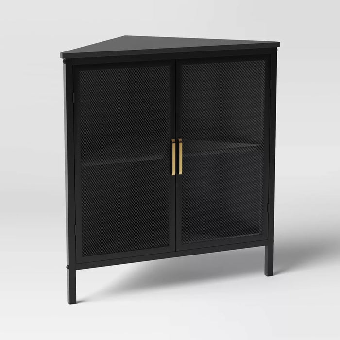 Mesh Corner Cabinet Black Sleek Metal Storage with Golden Handles, V-Shaped Design