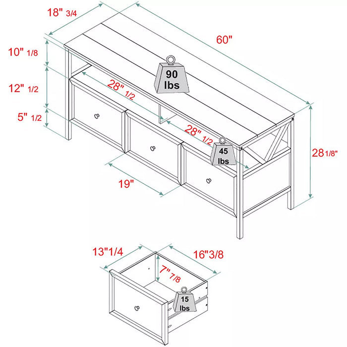 TV Stand Farmhouse 3 Drawer Wood TV Stand for TVs up to 65" Rustic Oak/White Wash - Saracina Home: Media Storage Console
