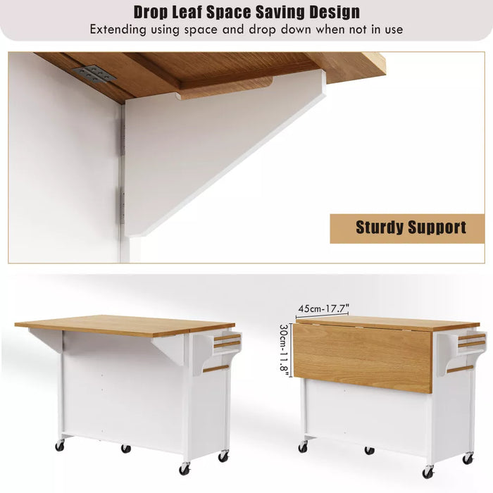 Embossed Texture Kitchen Island with Spice Rack, Drop Leaf and Adjustable Shelf