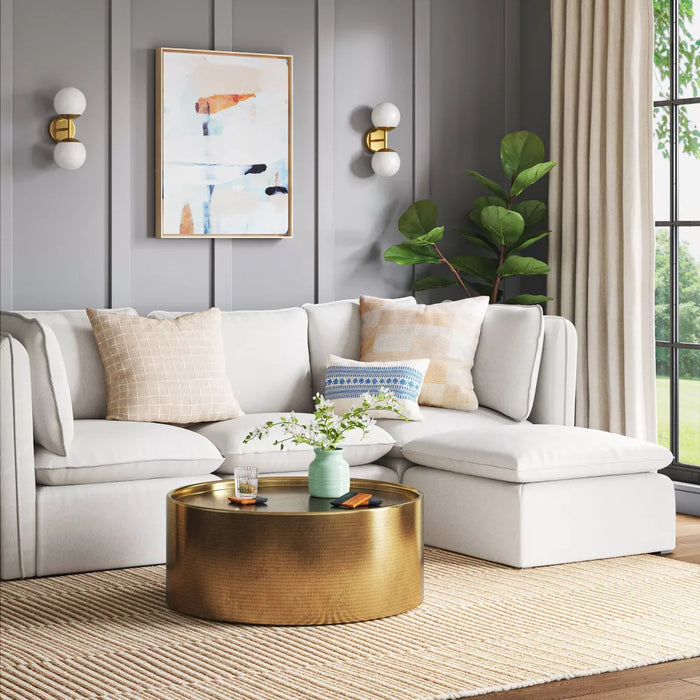 Haven French Seam Modular Sectional Sofa Ottoman Cream Canvas