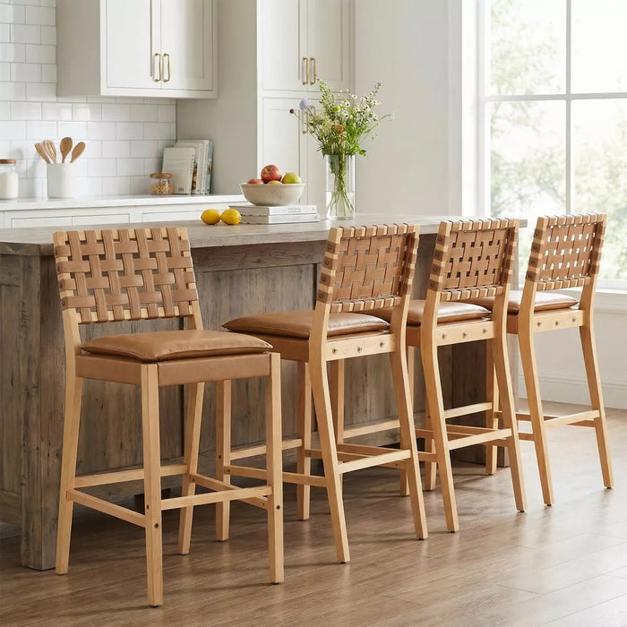 Set of 4Christopher Knight Home Audrey Contemporary Rubberwood Faux Leather Upholstered Barstools (Set of 4), Brown/Natural