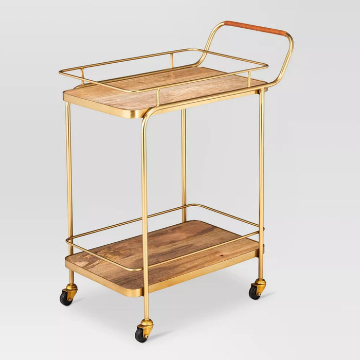 Metal, Wood, and Leather Bar Cart - Gold - Threshold™: Beverage Serving Cart with Casters, Indoor Use