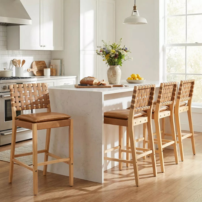 Set of 4Christopher Knight Home Audrey Contemporary Rubberwood Faux Leather Upholstered Barstools (Set of 4), Brown/Natural