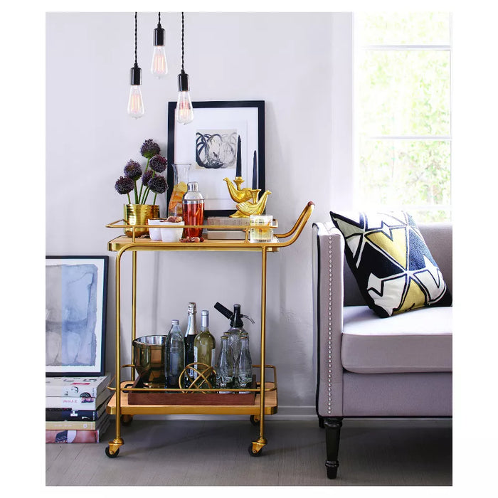 Metal, Wood, and Leather Bar Cart - Gold - Threshold™: Beverage Serving Cart with Casters, Indoor Use
