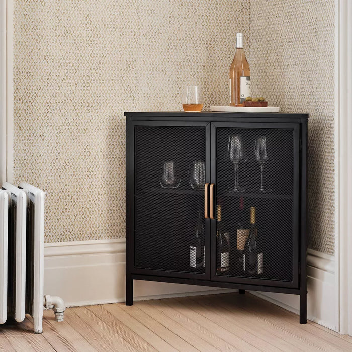 Mesh Corner Cabinet Black Sleek Metal Storage with Golden Handles, V-Shaped Design